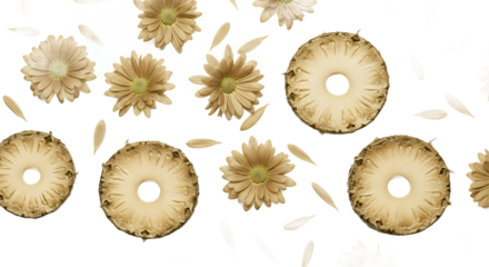 Delicate floral and fruit slice pattern on white background, abstract and natural design elements