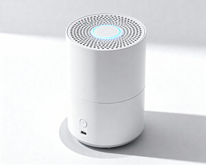 Minimal white cylindrical smart air purifier with clean blue LED indicator light on top, modern HEPA home device isolated on white background, fresh air concept, allergy relief, contemporary design 20