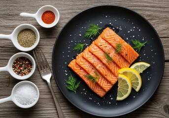 Sliced raw salmon fillets seasoned with salt and pepper served a plate with lemon slices and dill sprigs next to small bowls of spices and a fork a wooden table