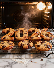 Freshly baked chocolate chip cookies shaped as 2026 numbers cooling on oven rack with steam rising, hot cookies straight from oven, new year celebration concept, warm kitchen baking, festive treat 202