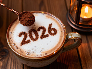 Hot cappuccino cup with 2026 written in cocoa powder latte art on creamy foam, cozy wooden table morning light, warm lantern glow, new year coffee concept, festive winter drink, happy new year 2026