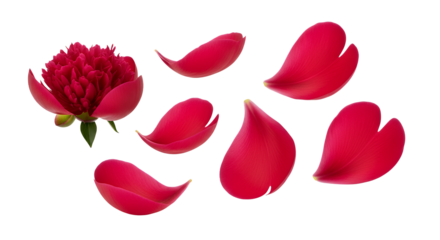 Crimson Peony Blossom and Floating Petals A Dance of Floral Elegance on White Backdrop