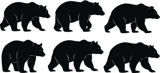 Collection of walking bear silhouettes in various poses, featuring detailed black wildlife illustrations of grizzly bears in side profile motion