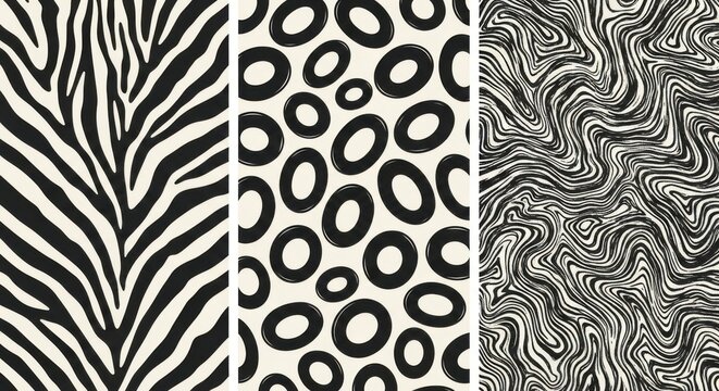 A collection of three seamless patterns featuring zebra stripes, abstract circles, and swirling marble textures isolated on white background