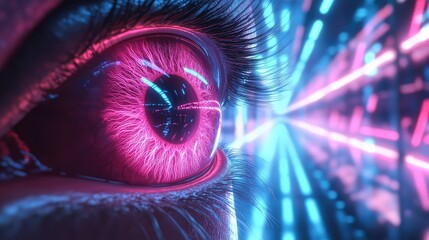 Human eye exploring futuristic digital data stream