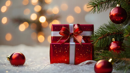 Beautiful Christmas Gift Scene with Red Presents and Festive Decorations