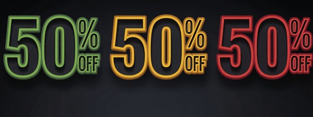 Limited time 50% off sale event promotion for retail businesses and online stores with green, yellow, and red color options to attract shoppers
