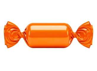Single orange candy wrapped in shiny foil isolated on transparent background