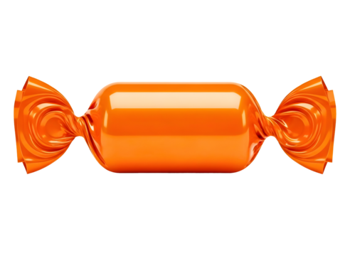 Single orange candy wrapped in shiny foil isolated on transparent background