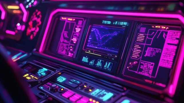 Futuristic spaceship cockpit dashboard with glowing displays
