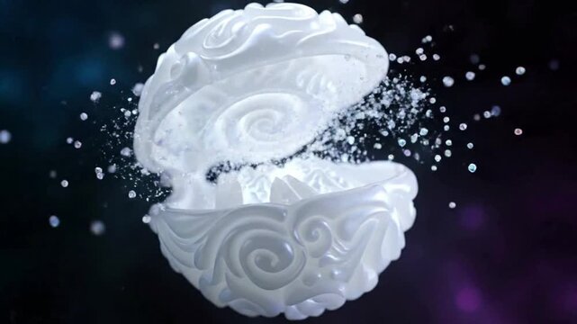A close-up shot of a white, ornate clam shell, opening with particles emitting outwards.