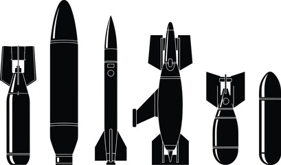 Bomb silhouette, missile icons, military vector, black ordnance shapes, aerial weapons, defense illustration, war tools, explosive design set