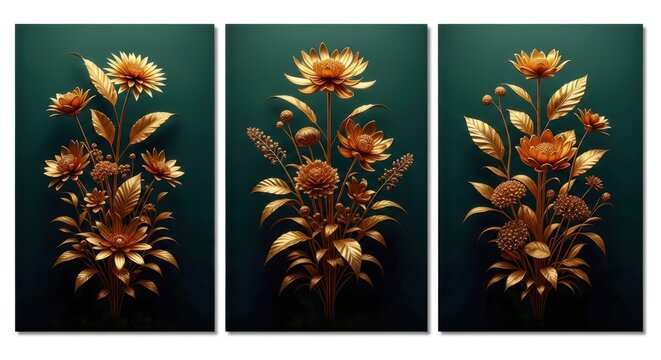Elegant golden flower arrangements on a dark teal background, showcasing botanical beauty and artistic flair in a triptych design