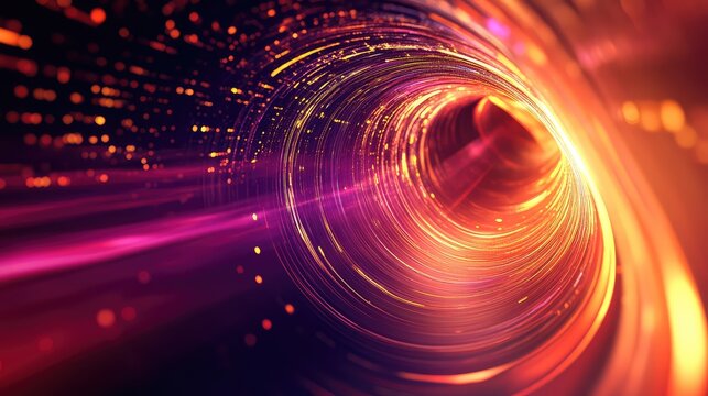 Digital data streaming through glowing fiber optic tunnel