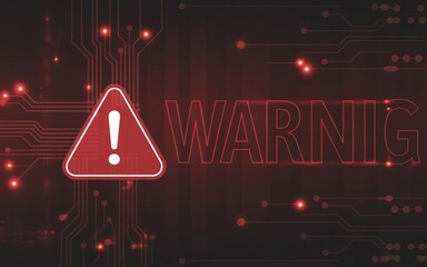 Urgent cybersecurity alert with warning sign on dark red circuit board background signals potential hacking danger and system vulnerability