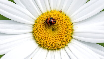 Obraz premium Close-up of a daisy with a ladybug resting on its vibrant yellow center