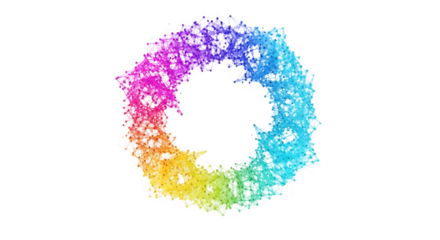 Abstract colorful swirl of particles forming a ring shape on black background