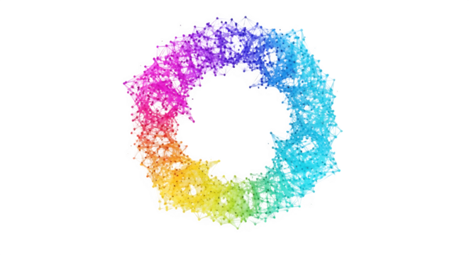 Abstract colorful swirl of particles forming a ring shape on black background