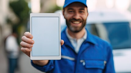 A happy delivery person in a blue uniform holds up an empty white tablet screen with their hands