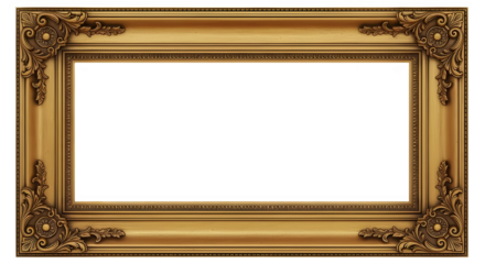 Ornate antique gold picture frame with decorative corner accents and black background for copyspace