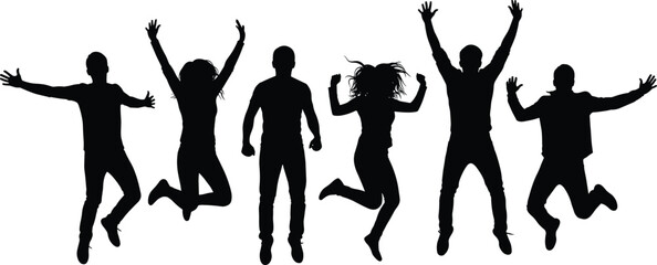 Jumping silhouettes, standing figures, black vector, dynamic motion, celebration pose, human energy, contrast design, expressive movement set