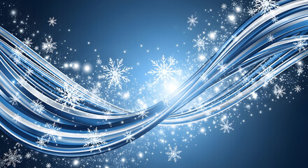 Abstract winter background with snowflakes and flowing blue and white lines, creating a festive atmosphere.