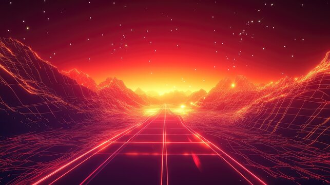 Retro 80s synthwave road through digital wireframe mountains