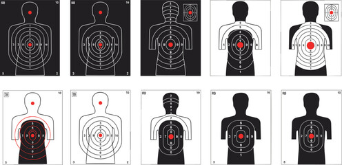 Shooting target silhouettes, human outline, scoring rings, firearm training, black and white vector, marksmanship design, tactical practice set © Mim's World