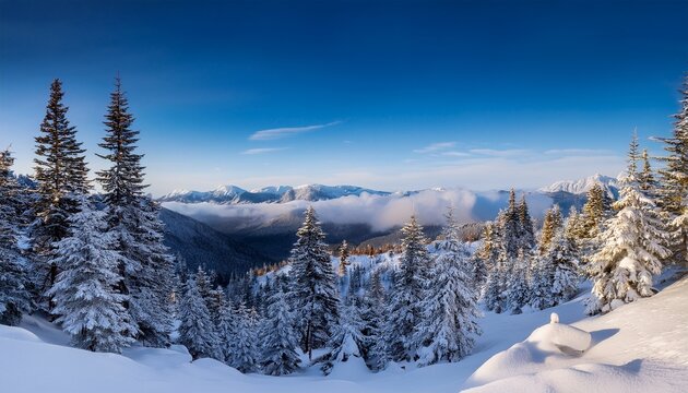 Majestic Snowy Mountains Winter Landscape With Coniferous Trees