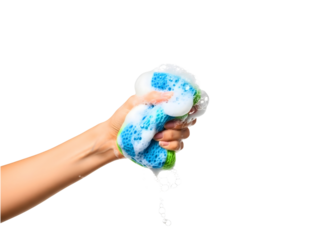 Hand squeezing a sponge with soap bubbles isolated on transparent background