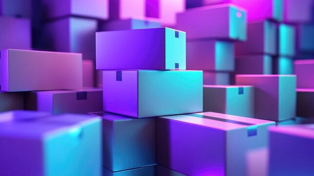 Shipping boxes with vibrant neon purple and blue cyberpunk lighting - Powered by Adobe