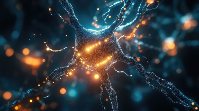 Neuron communicating with glowing electrical impulses in a network
