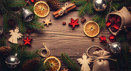A festive overhead flat lay of Christmas and winter holiday decorations arranged on a rustic wooden background, featuring pine branches, dried oranges, cinnamon, bells, and wooden angels.