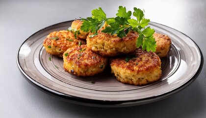 The Fish Cakes Are Garnished With Fresh Parsley Leaves