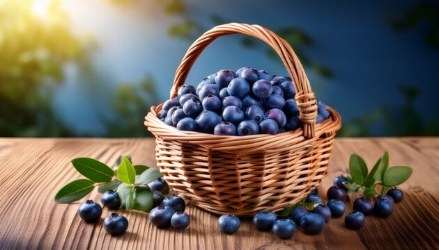 Ripe Blueberries In Wicker Basket On Wooden Table