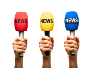 Three microphones with news labels isolated on transparent background