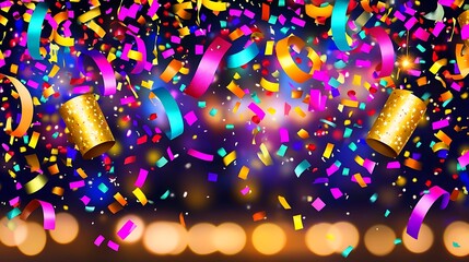Cinematic confetti explosion under glowing lights highlighting joy and energy in dark backdrop