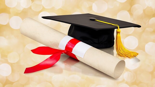 Clean academic layout showing diploma and cap under blurred bokeh warm reflections