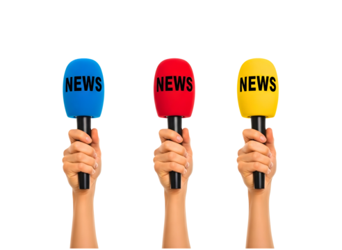 Three hands holding microphones with news text isolated on transparent background