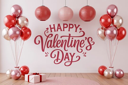 Celebrate Valentine's Day with festive balloons, paper lanterns, and heartfelt gifts for romantic marketing campaigns and greeting card designs
