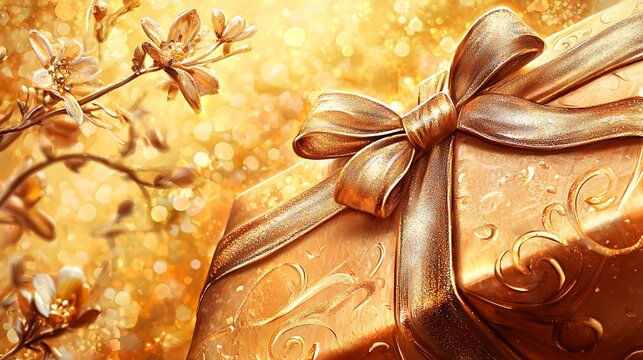 Calming congratulatory tone with gift and blooms surrounded by soft pastel glow