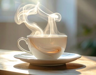 Cozy morning coffee with elegant steam rising from a white cup in soft sunlight