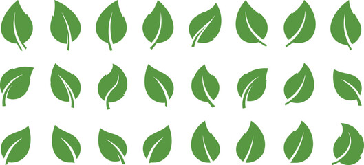 Collection of green leaf icons in various shapes, eco-friendly nature symbols, botanical foliage illustrations perfect for organic, environmental, and sustainability designs