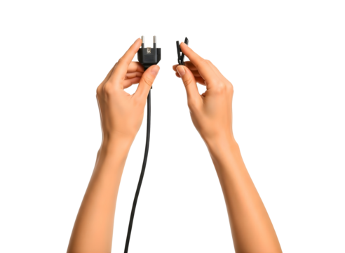 Hands holding a power plug and socket isolated on transparent background