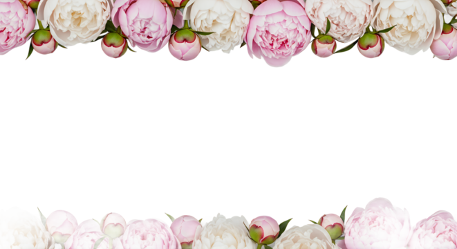 Floral border with pink and white peonies for invitations and greeting cards