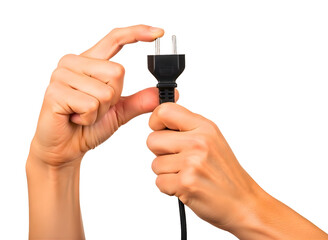Hands holding an electrical plug isolated on transparent background
