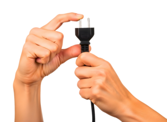Hands holding an electrical plug isolated on transparent background