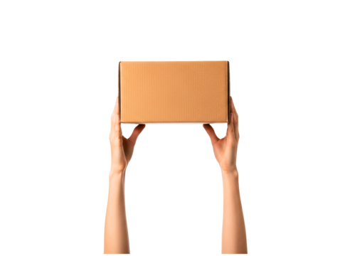 Hands holding a cardboard box isolated on transparent background
