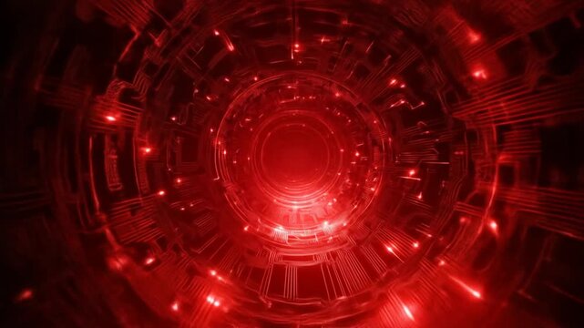 Futuristic red abstract tunnel with glowing digital lights. Sci-fi cyberspace background, data flow, technology concept.