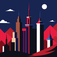 Dramatic City Skyline at Night with Skyscrapers and Moon, Abstract Architecture Illustration in Red and Navy Blue Tones